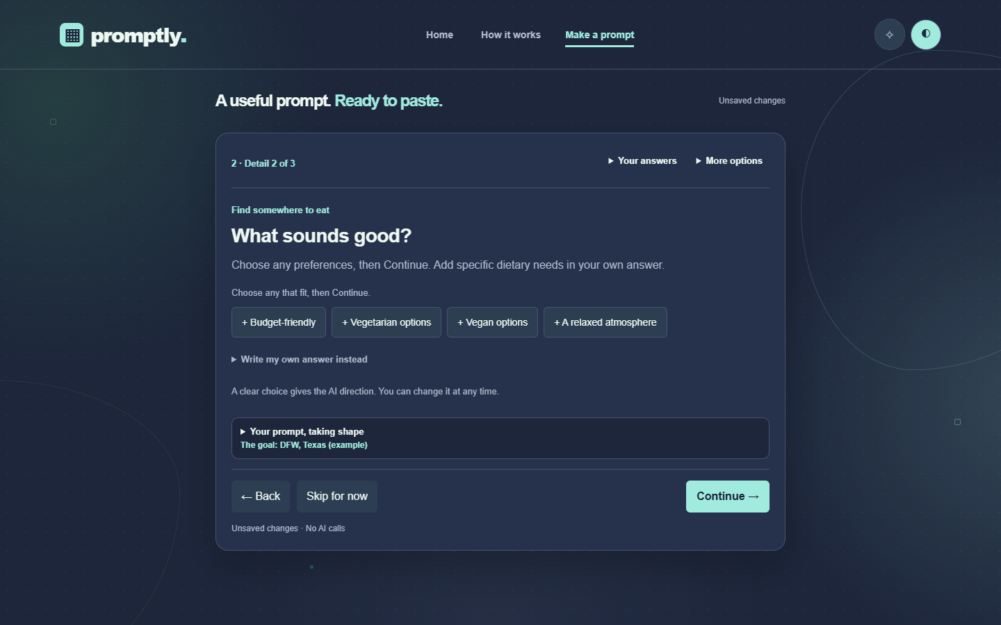 Promptly dining workflow asking for budget and food preferences