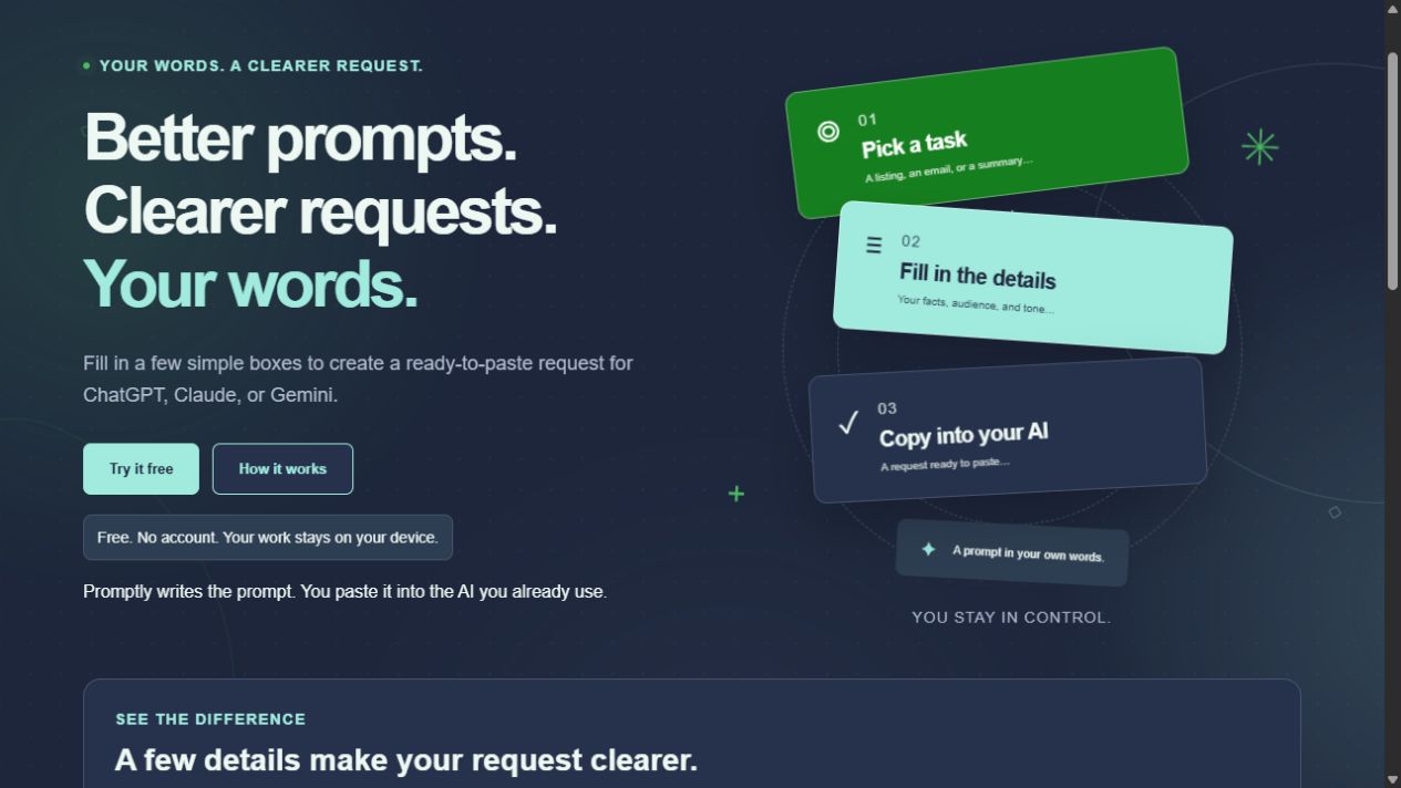 Promptly introduction explaining task selection, details, and copying a prompt