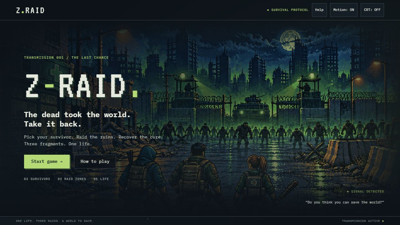 Z-Raid survival game opening screen and pixel-art direction